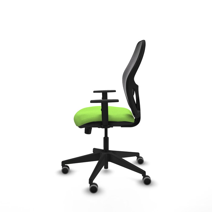 Chaise Alocén Synchro 3 positions tissu Vert pistache Maille Noir Base pyramidale noire Accoudoir 1D Sans appui-tête Roulettes 65mm pour moquette