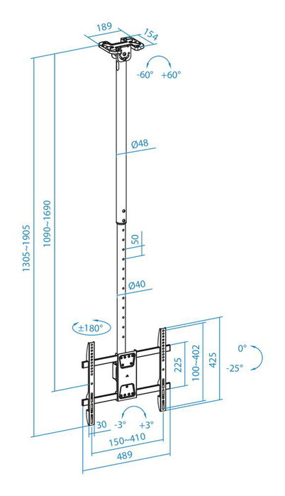 Tooq LPCE1175TSLI-XL-B Support Plafond TV VESA 32-75 Pouces Noir Inclinable Rotation