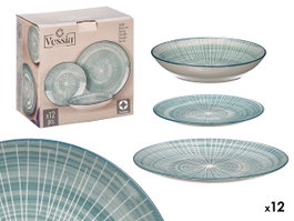 Vessia Vajilla 12 pièces Rayures Bleu Service de table 28x28x17 cm Porcelaine (Set de 2)