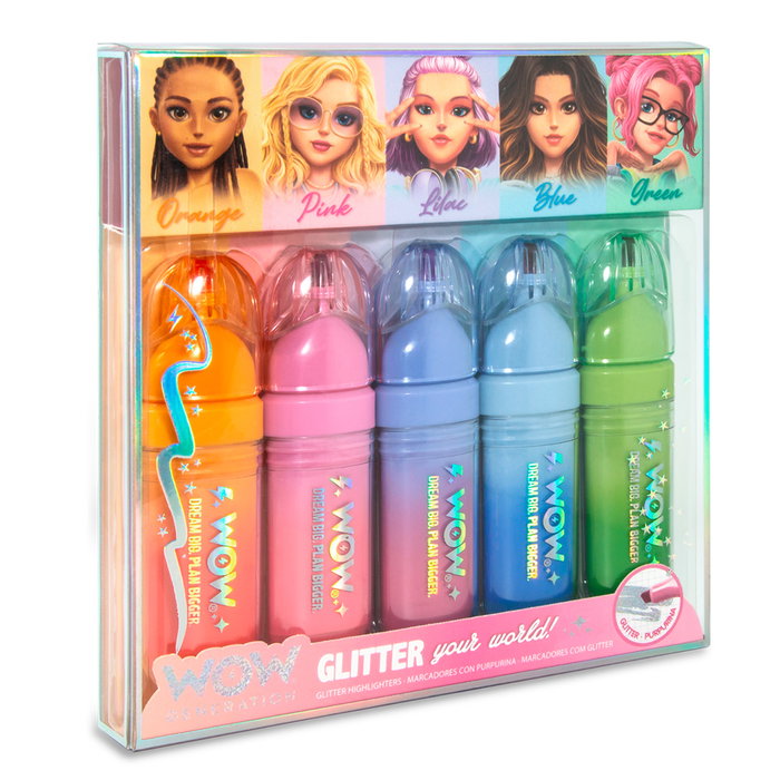 Kids Licensing Lot de 5 surligneurs pailletés WOW Generation rose violet bleu vert orange Kids Licensing Lot de 5 surligneurs pailletés WOW Generation rose violet bleu vert orange