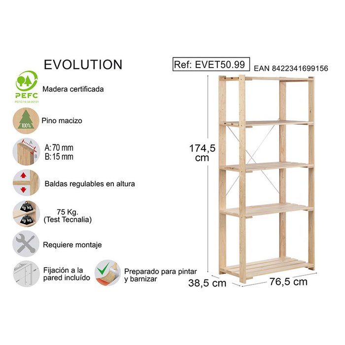 Astigarraga Evolution 5 Étagère en Pin massif 76,5 x 38,5 x 174,5 cm