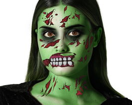 Tatuaje Facial Zombie Vert avec Plaies et Dents Exposées - Maquillage Halloween Effet Réaliste