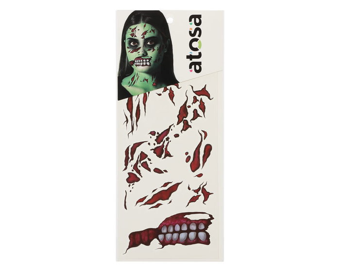 Tatouage facial de zombie vert avec plaies et dents exposées