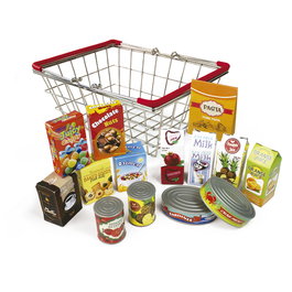 Panier de courses en métal avec 14 aliments jouets - Accessoire cuisine jouet pour enfants 5 ans et plus