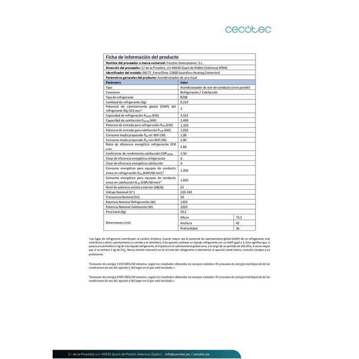 Climatiseur Portable Cecotec ForceClima 12800 Soundless Heating Connected A 1340 W Blanc