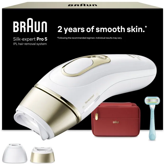 Braun Silk Expert Pro 5 PL5221 Épilateur à Lumière Pulsée IPL avec Capteur SkinProtect - Blanc et Or