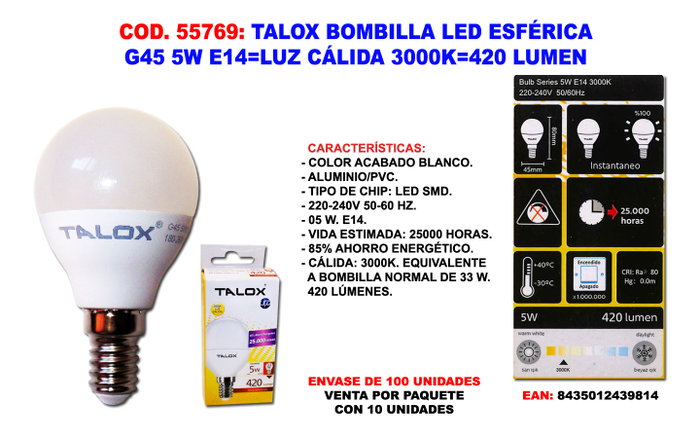 TALOX Ampoule LED sphérique G45 5W E14 lumière chaude 3000K 420 lumens (Lot de 10) TALOX Ampoule LED sphérique G45 5W E14 lumière chaude 3000K 420 lumens (Lot de 10)