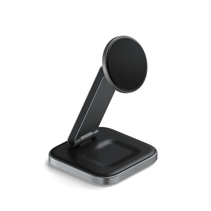Satechi Socle de Charge Sans Fil 2-en-1 Pliable Qi2 avec Aimants - 15W pour iPhone, 5W pour AirPods, Compatible Mode StandBy iOS 17, Design Voyage Aluminium