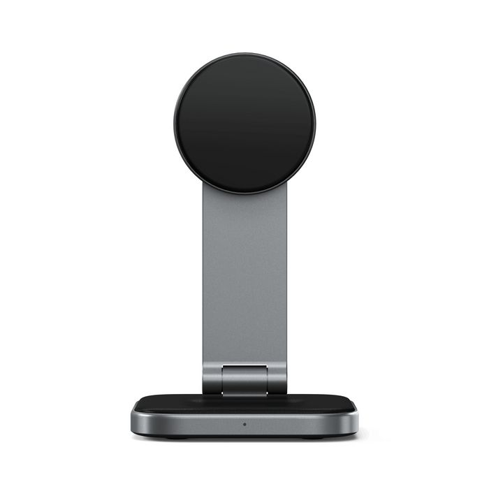 Satechi Socle de Charge Sans Fil 2-en-1 Pliable Qi2 avec Aimants - 15W pour iPhone, 5W pour AirPods, Compatible Mode StandBy iOS 17, Design Voyage Aluminium