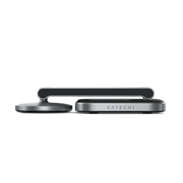 Satechi Socle de Charge Sans Fil 2-en-1 Pliable Qi2 avec Aimants - 15W pour iPhone, 5W pour AirPods, Compatible Mode StandBy iOS 17, Design Voyage Aluminium