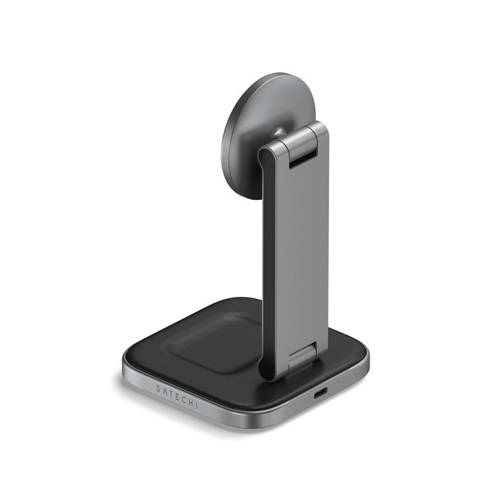 Satechi Socle de Charge Sans Fil 2-en-1 Pliable Qi2 avec Aimants - 15W pour iPhone, 5W pour AirPods, Compatible Mode StandBy iOS 17, Design Voyage Aluminium
