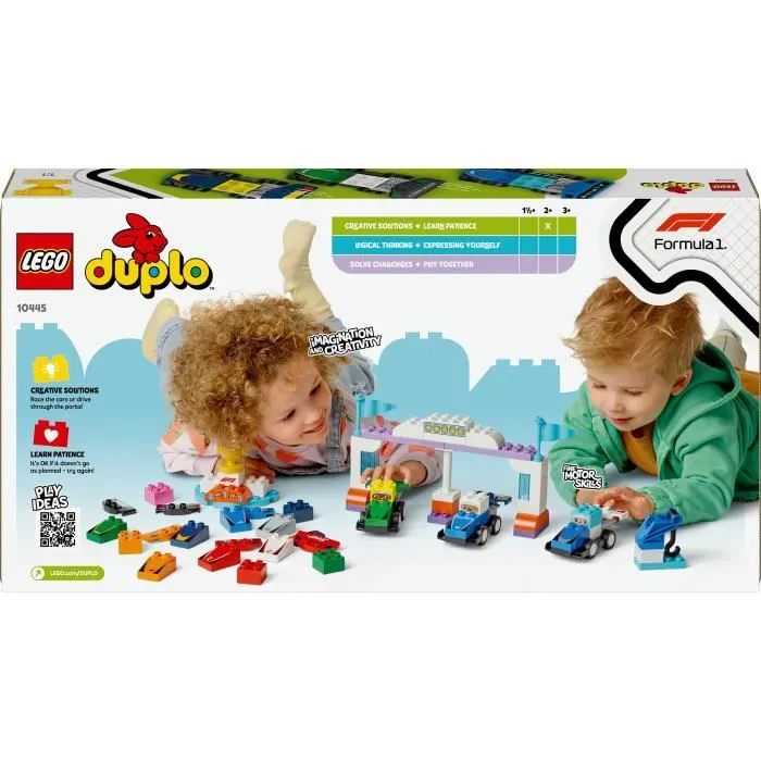 LEGO DUPLO 10445 Set de Construction Voitures de Course et Pilotes F1, Jouet Éducatif avec Grue et Podium pour Enfants dès 2 Ans