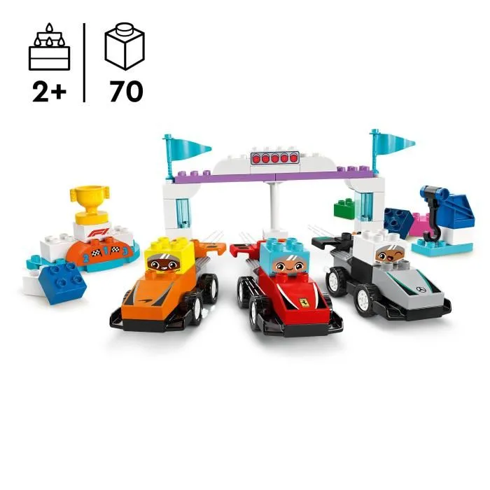 LEGO DUPLO 10445 Set de Construction Voitures de Course et Pilotes F1, Jouet Éducatif avec Grue et Podium pour Enfants dès 2 Ans