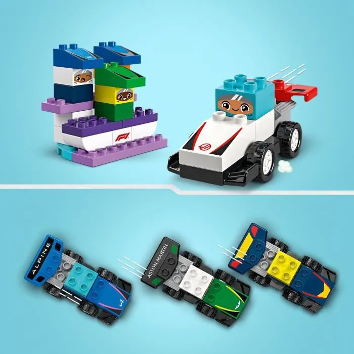 LEGO DUPLO 10445 Set de Construction Voitures de Course et Pilotes F1, Jouet Éducatif avec Grue et Podium pour Enfants dès 2 Ans