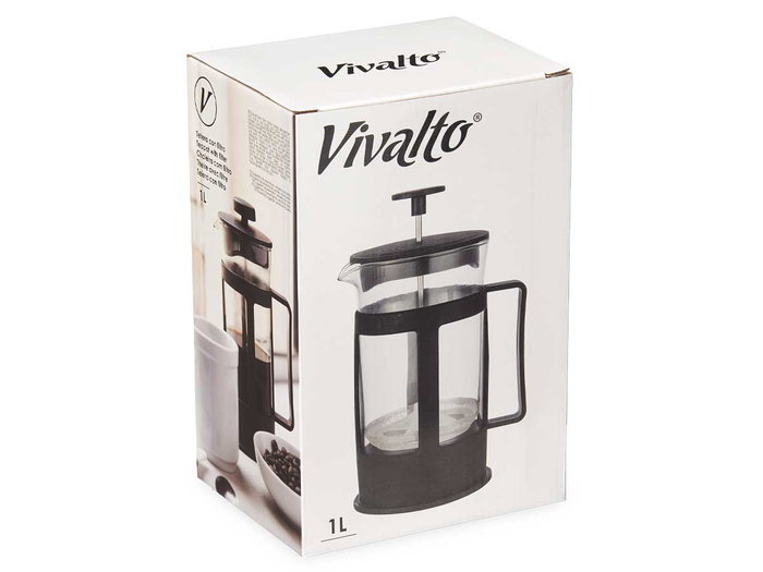 Vivalto Téière en Verre et Plastique avec Filtre à Piston 1L Noir Transparent 14x21x10.7 cm (Set de 8)