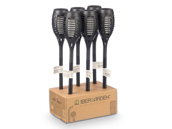 Ibergarden Balise Solaire Extérieure Effet Flamme en Plastique Noir 7.5x42.5x7.5 cm (Set de 6)