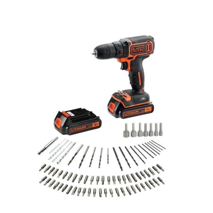 BLACK+DECKER Perceuse-visseuse sans fil BDCDC18BAFC-QW 18V avec coffret, 2 batteries, chargeur et 80 accessoires