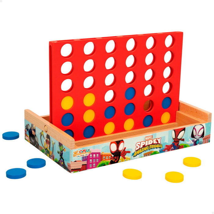 WOOMAX - Jeu 4 en Ligne en Bois Spidey Marvel, Tablier 25x15,5 cm, Boîte de Rangement, 37 Pièces, À partir de 3 Ans