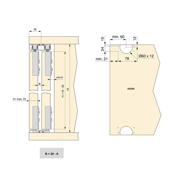 Emuca Système de montage en surface Flow 2 en kit pour une armoire avec 2 portes coulissantes en bois avec fermeture souple.