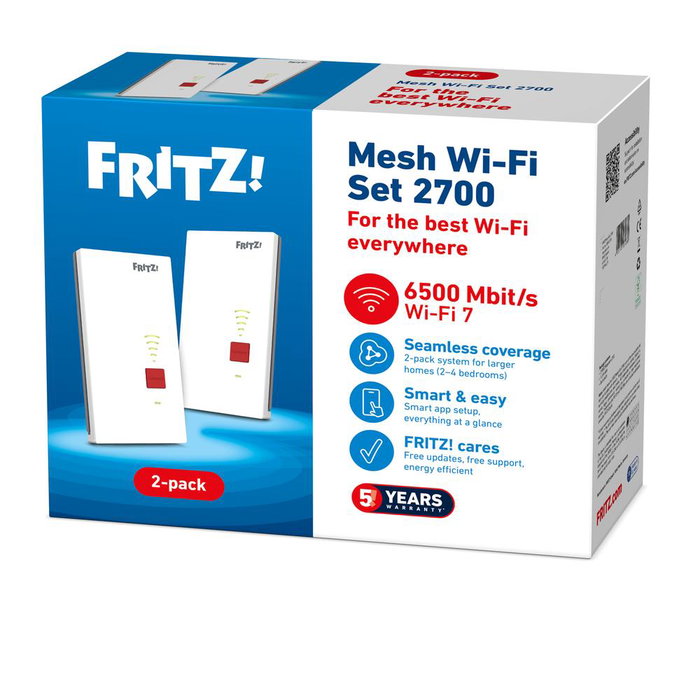 Fritz! 2700 Répéteur WiFi 7 Mesh 2-Pack, jusqu'à 6,5 Gbps, double bande, port 2,5 Gigabit LAN