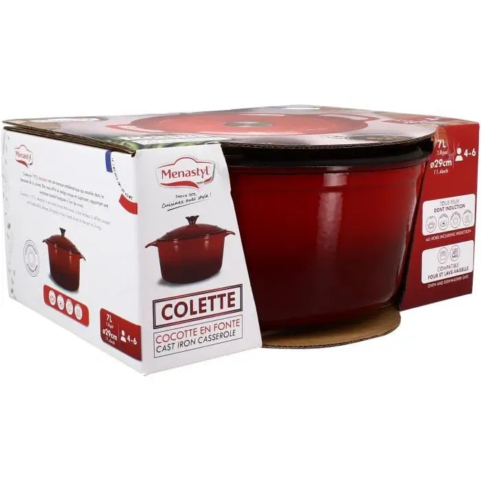 Menastyl Cocotte ronde en fonte émaillée 7 L 29 cm Réf. 6020105 - Cuisson uniforme, compatible tous feux (induction), pour ragoûts et plats mijotés - Rouge