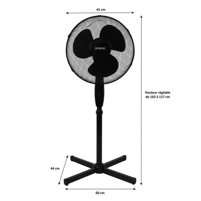 Oceanic Ventilateur sur pied 45 W Noir Ø 41 cm - 3 vitesses - Oscillant et inclinable