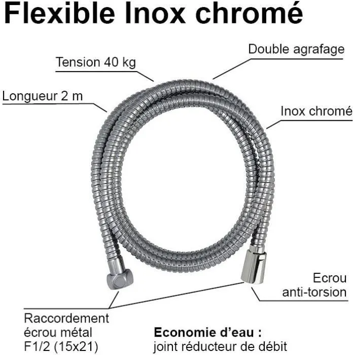 Edouard Rousseau - Flexible de douche anti-torsion 2 m - Inox chromé double agrafage - Réducteur de débit d'eau - Écrous métal