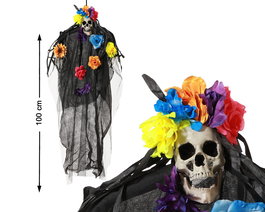 Calavérica Figurine Mariée Squelette Gris avec Fleurs et Tulle 100 cm - Décor Mexicain Jour des Morts