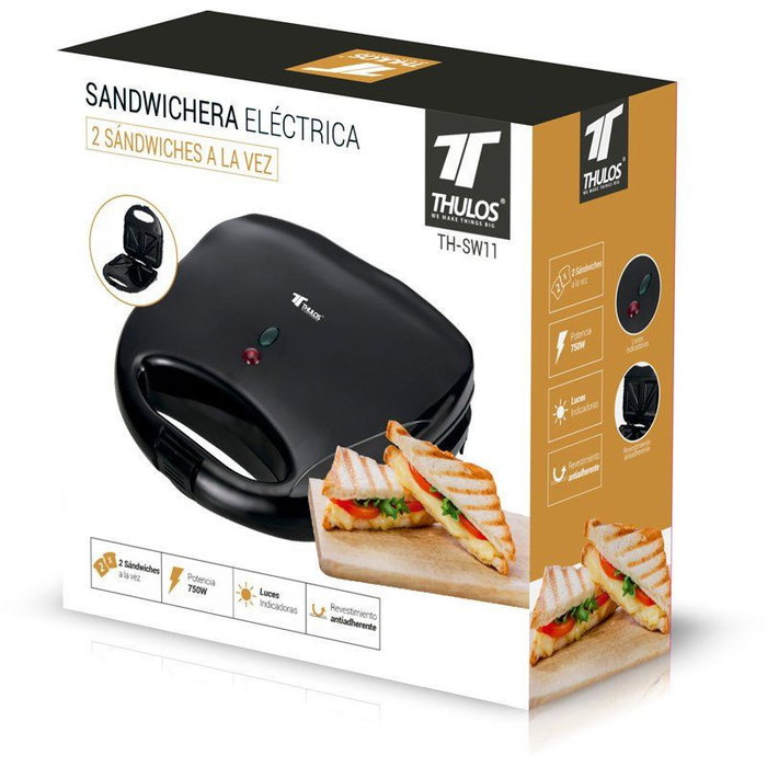 Thulos TH-SW11 Sandwichera électrique 750 W Noir - Pour 2 sandwichs avec revêtement antiadhérent