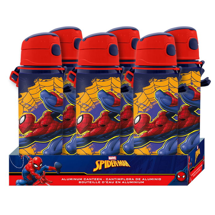 KIDS LICENSING - Gourde en aluminium Spiderman Marvel avec couvercle et sangle - Capacité 600 ml (0,6 L) - 7x22x7 cm - Cantimplora