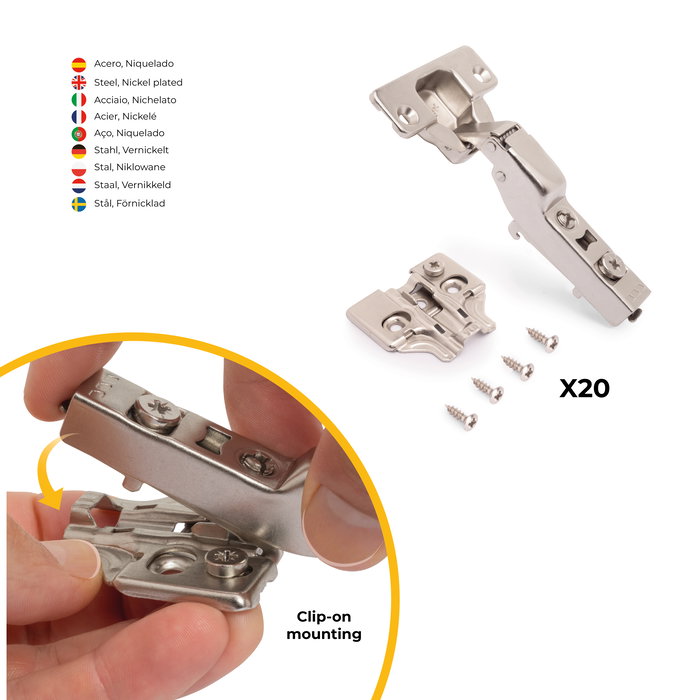 Emuca Lot de 20 charnières coudées X92 avec fermeture amortie avec embases à visser, Hauteur 0, Acier, Nickelé