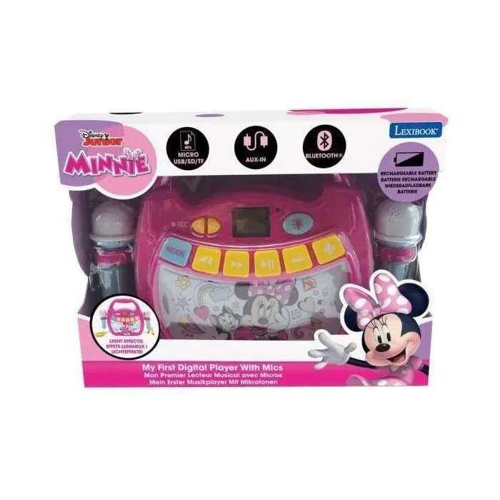 Lexibook - Enceinte Bluetooth Minnie Mouse avec effets lumineux, micros, batterie rechargeable USB-C et fonction karaoké - Rose - Pour enfant dès 3 ans