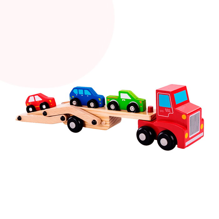 Tachan - Camion en bois FSC à 2 étages avec 3 voitures incluses - Jouet éducatif - À partir de 2 ans