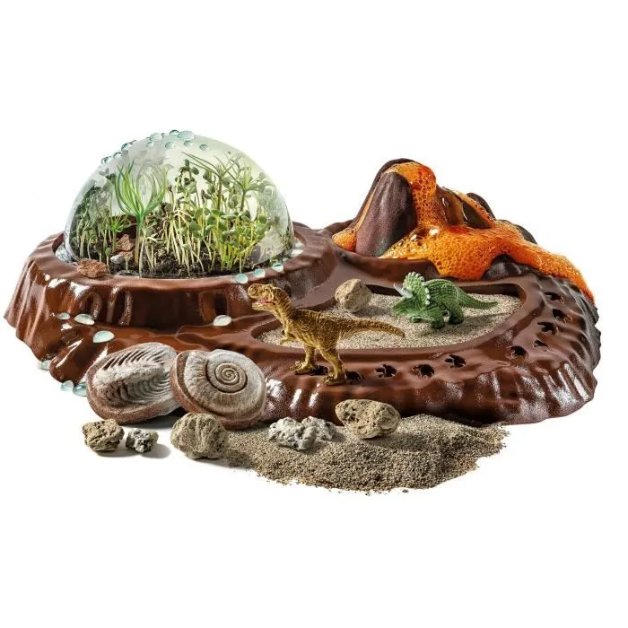 Clementoni - Le Monde des Dinosaures - Terrarium à Créer avec Expériences de Botanique - Coffret avec Figurines T-Rex, Plésiosaure et Tricératops