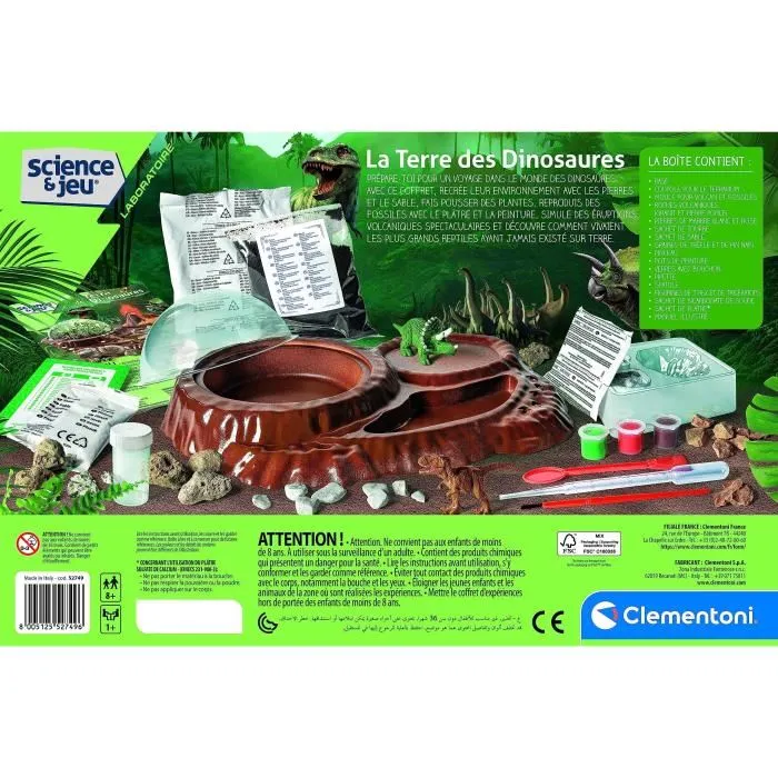 Clementoni - Le Monde des Dinosaures - Terrarium à Créer avec Expériences de Botanique - Coffret avec Figurines T-Rex, Plésiosaure et Tricératops