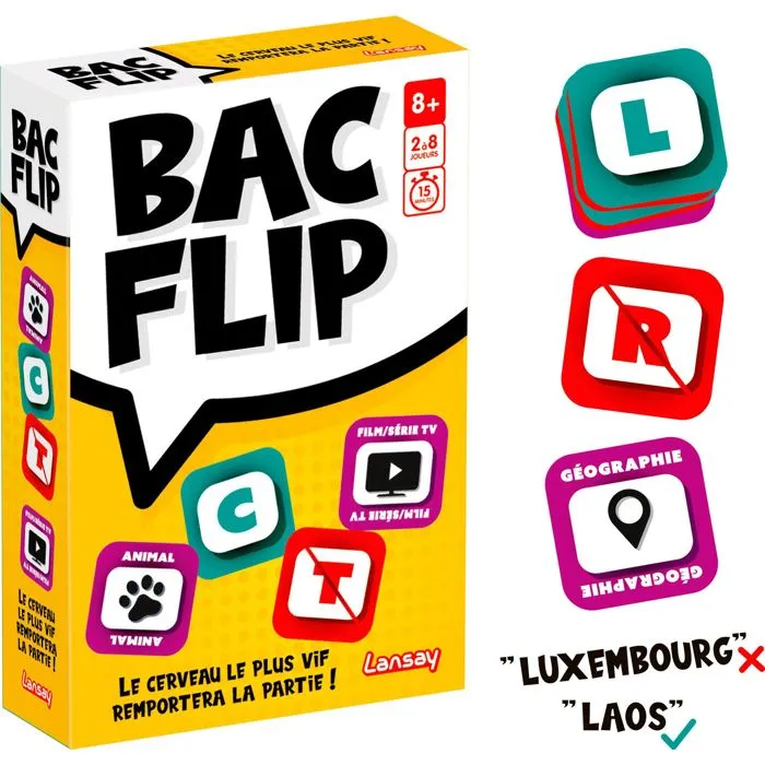 Lansay BAC FLIP - Jeu de société de rapidité et de réflexion avec cartes à thèmes - 12 thèmes - A partir de 8 ans