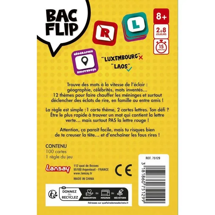 Lansay BAC FLIP - Jeu de société de rapidité et de réflexion avec cartes à thèmes - 12 thèmes - A partir de 8 ans