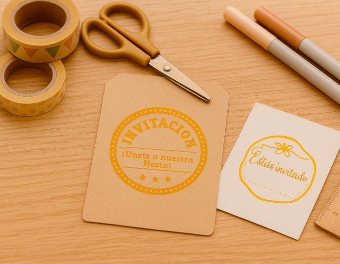 Innspiro Kit 4 Tampons en Bois et Encre Orange Clair Fiesta Celebración y Bienvenida