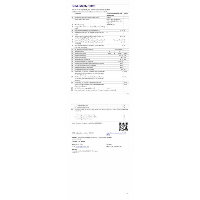 TV intelligente Xiaomi NNECO1038 4K Ultra HD 43" LED HDR