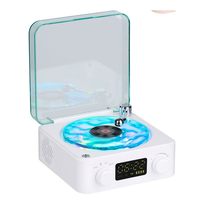 Basics Altavoz Bluetooth en forme de tourne-disque avec horloge et RGB Basics Altavoz Bluetooth en forme de tourne-disque avec horloge et RGB