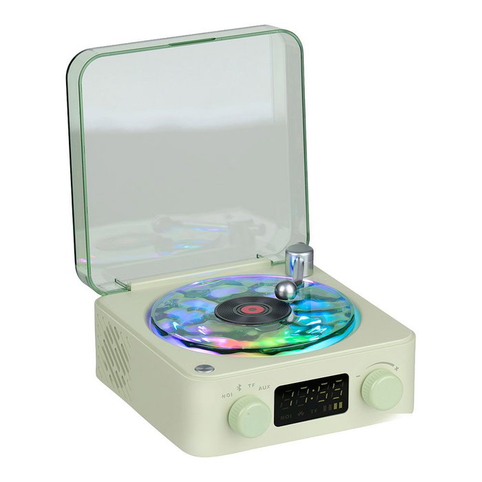 Basics Altavoz Bluetooth en forme de tourne-disque avec horloge et RGB Basics Altavoz Bluetooth en forme de tourne-disque avec horloge et RGB