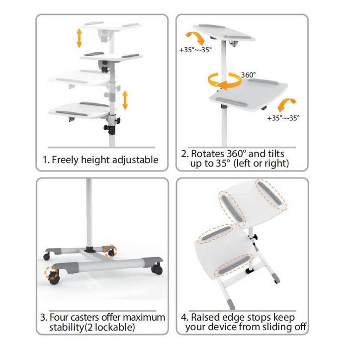 Techly Chariot mobile universel ajustable pour ordinateur portable et projecteur, avec plateaux pivotants et 4 roues, blanc