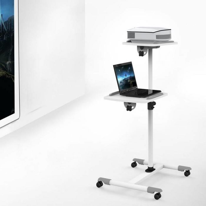 Techly Chariot mobile universel ajustable pour ordinateur portable et projecteur, avec plateaux pivotants et 4 roues, blanc