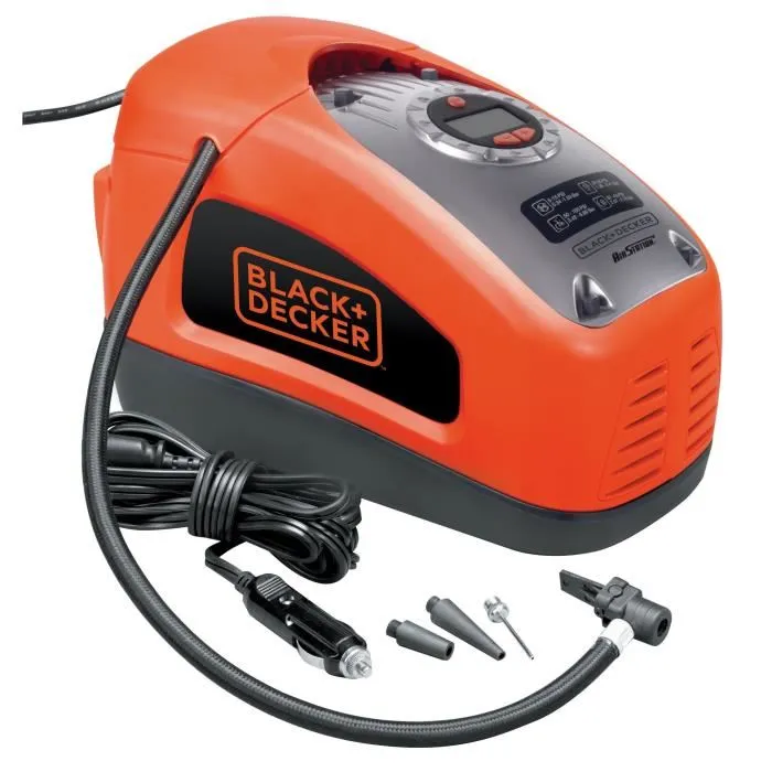 Black + Decker ASI300-QS Gonfleur compresseur filaire 11 bars / 160 PSI pour voiture, pneus, sports et nautique avec arrêt automatique Black + Decker ASI300-QS Gonfleur compresseur filaire 11 bars / 160 PSI pour voiture, pneus, sports et nautique avec arrêt automatique