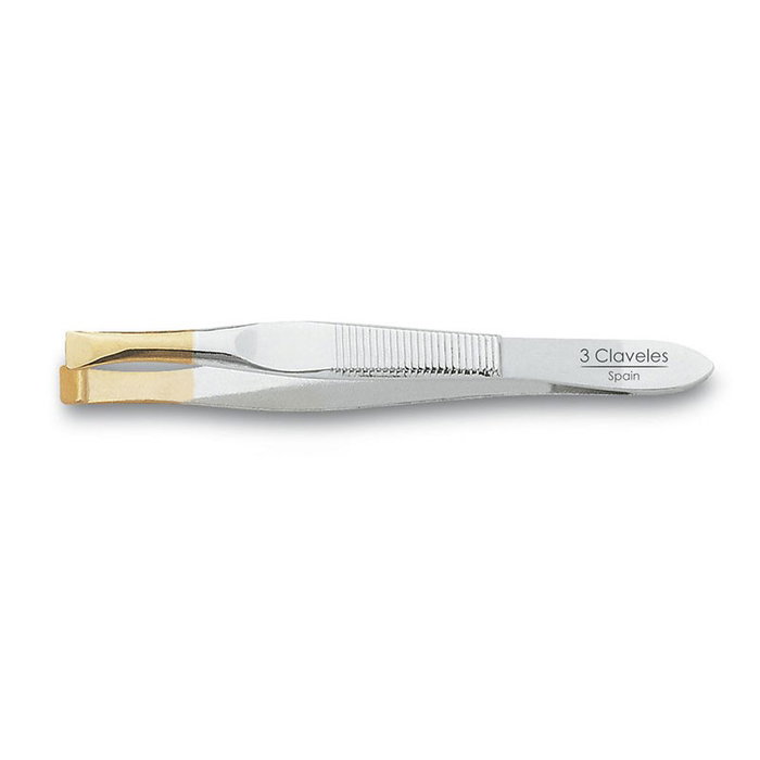 Tres Claveles - Pince à épiler large pointe dorée 8 cm, pour sourcils, en acier carbone avec repose-doigts Tres Claveles - Pince à épiler large pointe dorée 8 cm, pour sourcils, en acier carbone avec repose-doigts