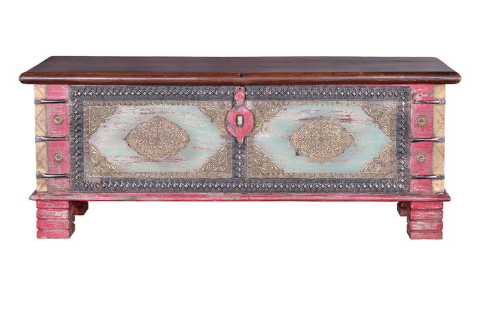 GINER Y COLOMER - Bahut en bois de manguier massif avec détails en fer et bronze - Finition bicolore rouge vieilli et cerisier - Style ancien - 45x116x40 cm