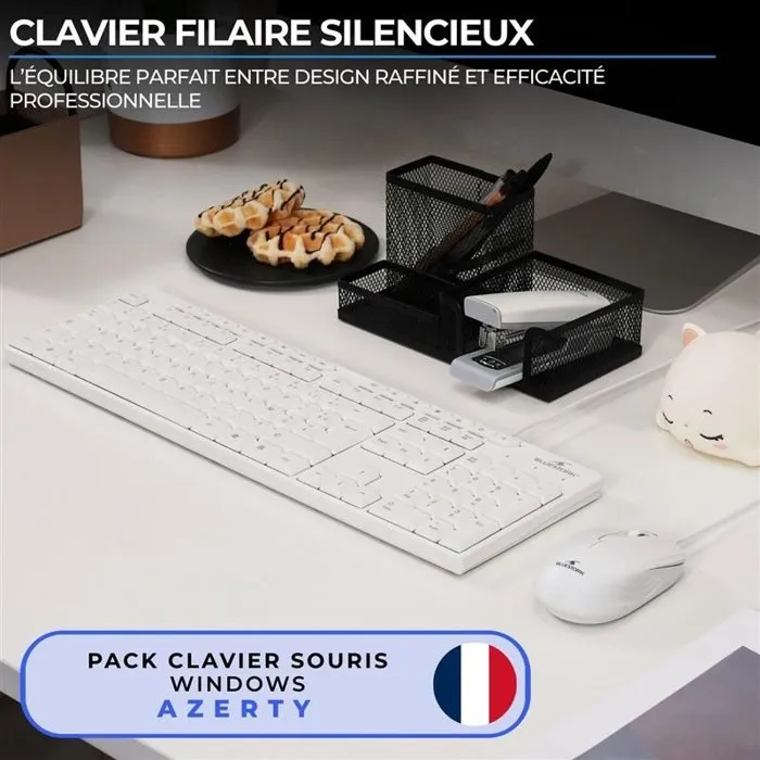 Bluestork PACK-MEDIA-OFFW/FR - Pack clavier et souris filaires AZERTY pour Windows avec 15 touches multimédia et souris 1600 DPI