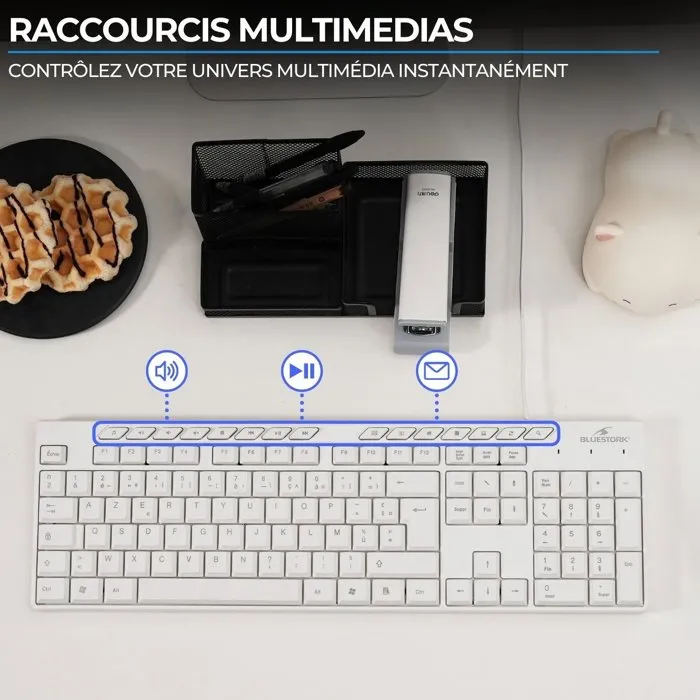 Bluestork PACK-MEDIA-OFFW/FR - Pack clavier et souris filaires AZERTY pour Windows avec 15 touches multimédia et souris 1600 DPI