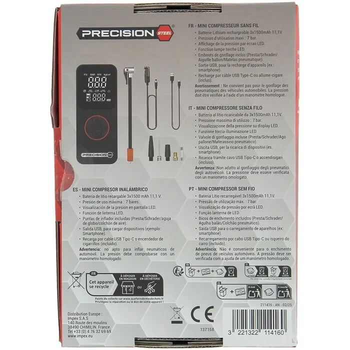 Precision Steel Mini compresseur sans fil rechargeable - 10 bar
