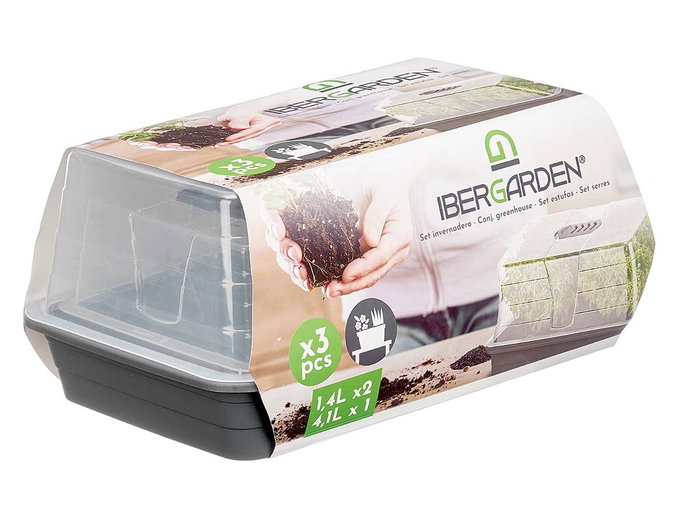 Ibergarden Lot de 3 Mini Serres avec Aération Plastique PP 38x18x24 cm Transparent et Gris (Set de 8)